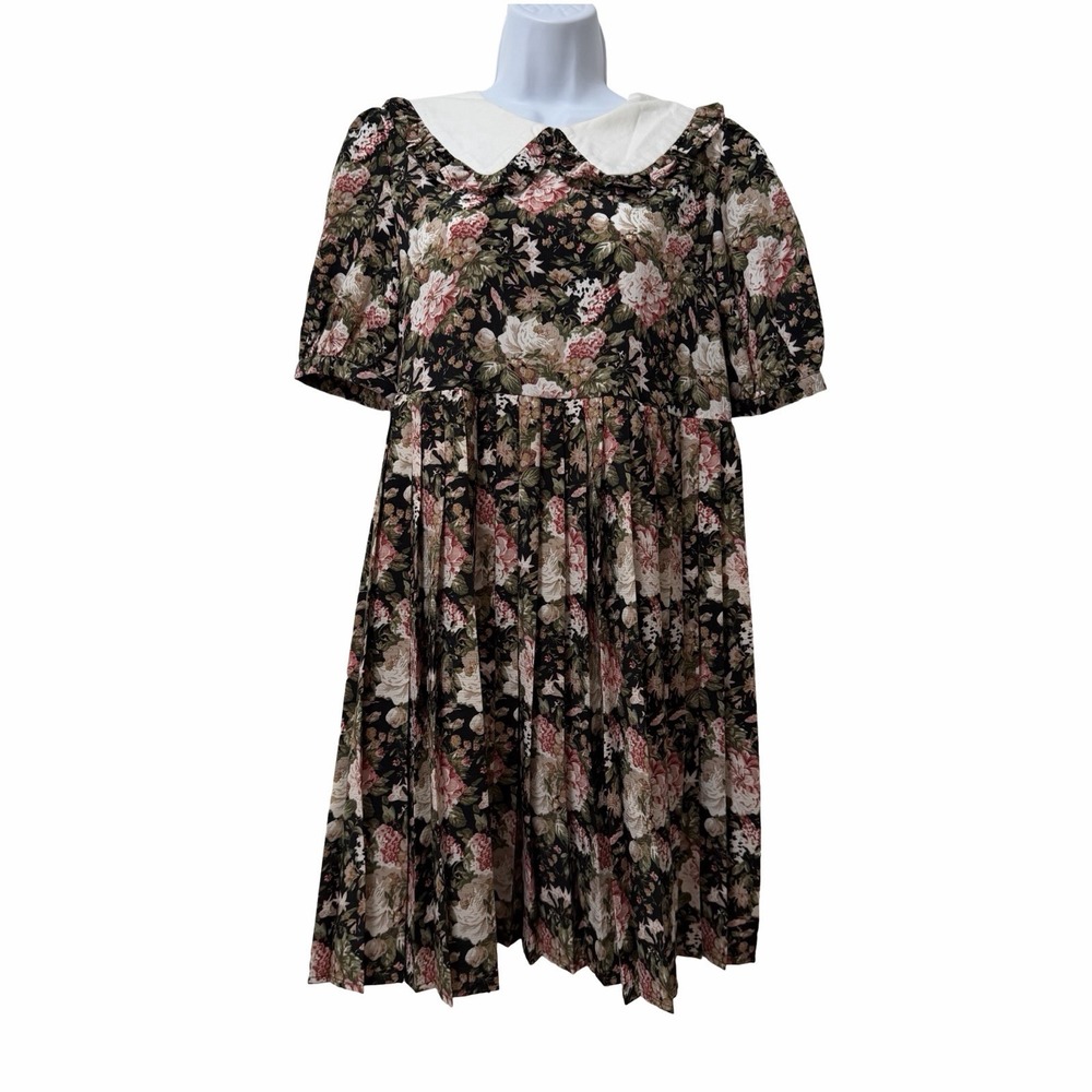 En Saison Womens Floral Bib Collar Mini Dress Size S Black Pleated Retro Chic